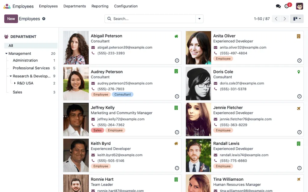 Odoo employee directory and org chart
